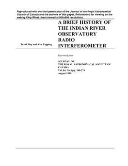 A BRIEF HISTORY of the INDIAN RIVER OBSERVATORY RADIO Frank Roy and Ken Tapping INTERFEROMETER