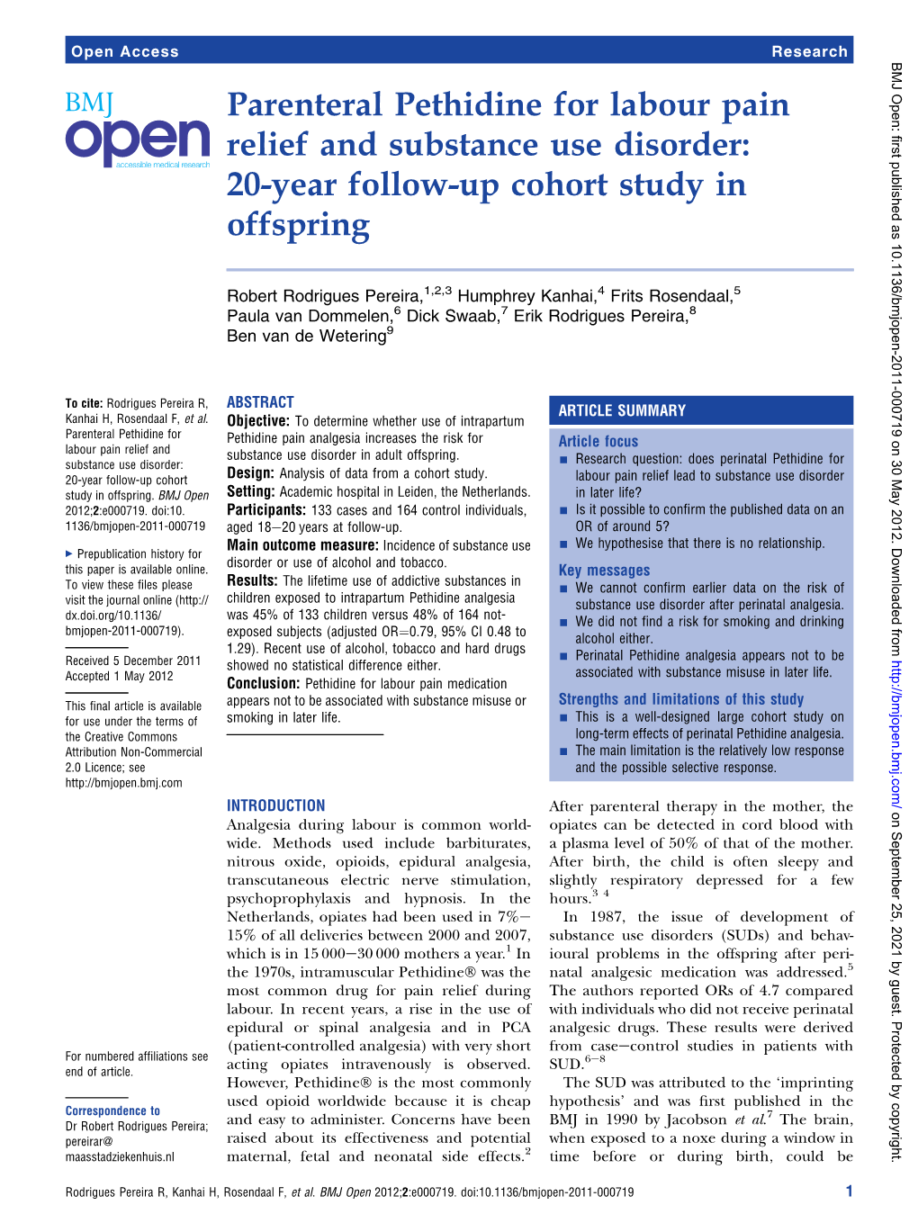 Parenteral Pethidine for Labour Pain Relief and Substance Use Disorder: 20-Year Follow-Up Cohort Study in Offspring