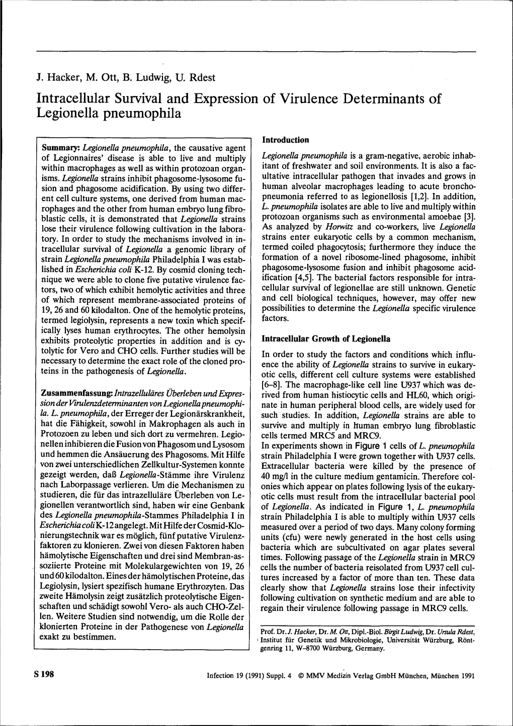 Intracellular Survival and Expression of Virulence Determinants of Legionella Pneumophila