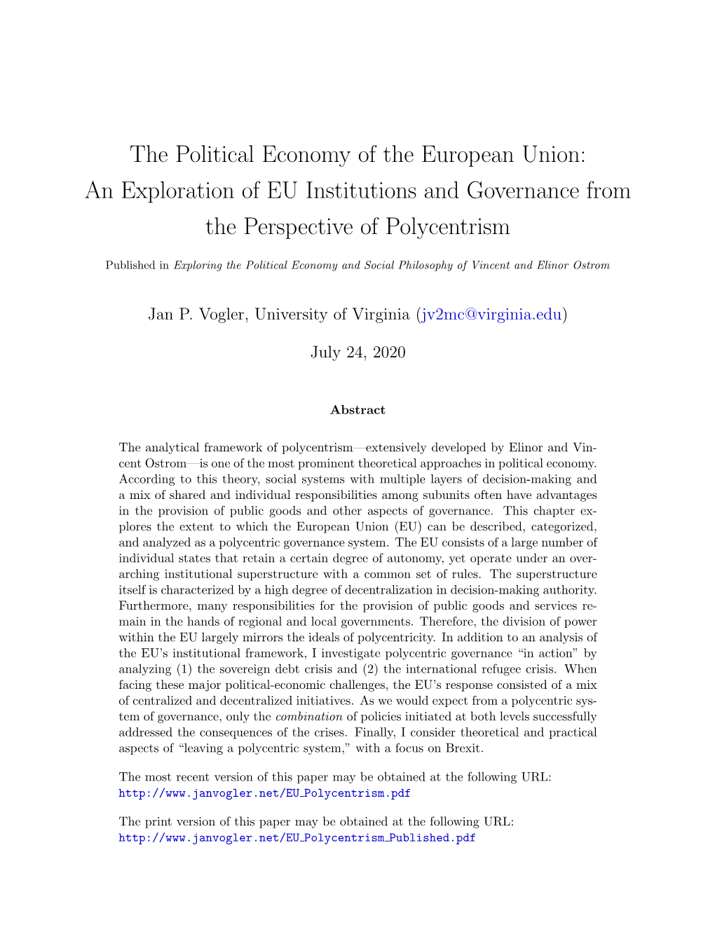 The Political Economy of the European Union: an Exploration of EU Institutions and Governance from the Perspective of Polycentrism