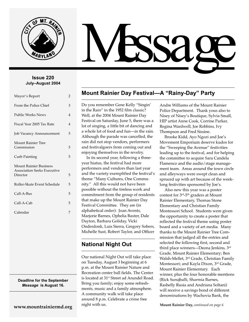 Mount Rainier Day Festival—A “Rainy-Day” Party Mayor’S Report 2