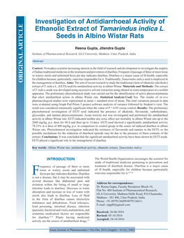 Investigation of Antidiarrhoeal Activity of Ethanolic Extract of Tamarindus Indica L