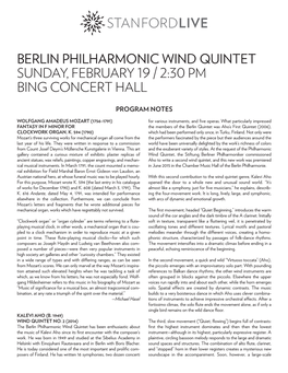 Berlin Philharmonic Wind Quintet Sunday, February   : Pm Bing Concert Hall