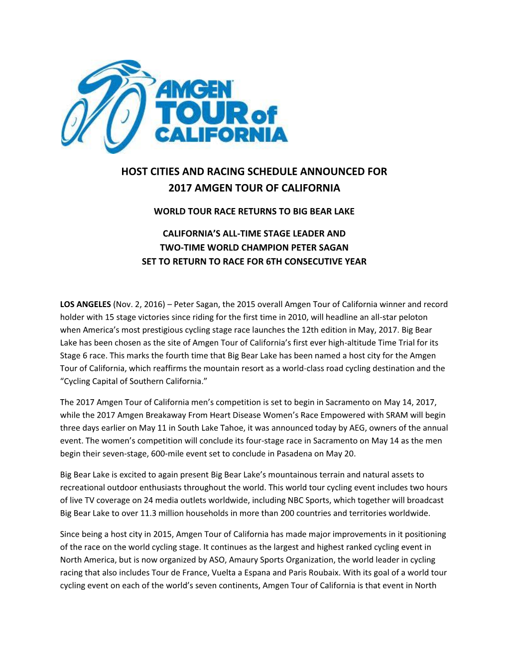 Host Cities and Racing Schedule Announced for 2017 Amgen Tour of California