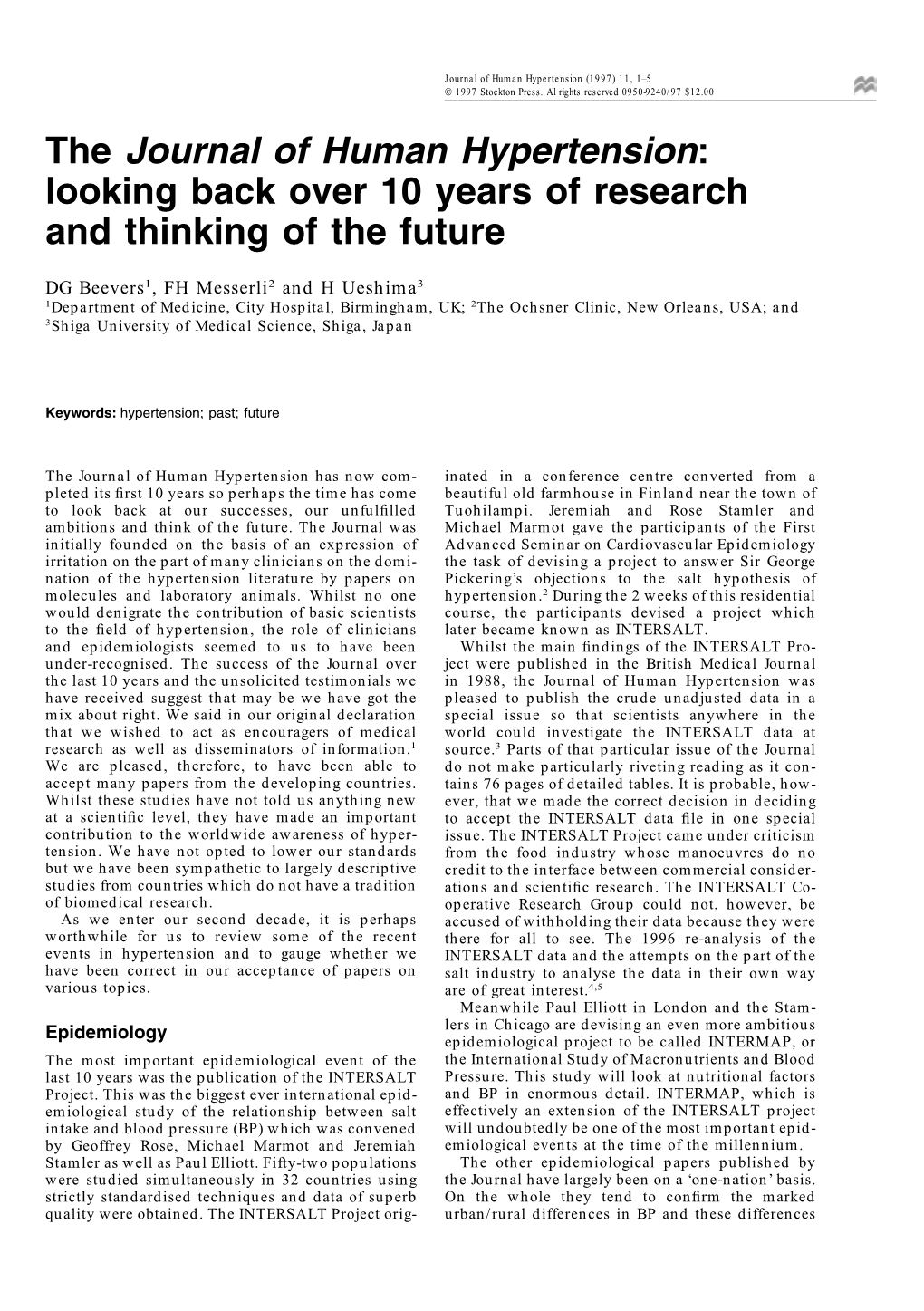 The Journal of Human Hypertension: Looking Back Over 10 Years of Research and Thinking of the Future