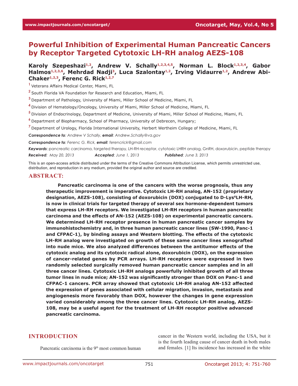 Powerful Inhibition of Experimental Human Pancreatic Cancers by Receptor Targeted Cytotoxic LH-RH Analog AEZS-108