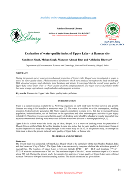 Evaluation of Water Quality Index of Upper Lake - a Ramsar Site