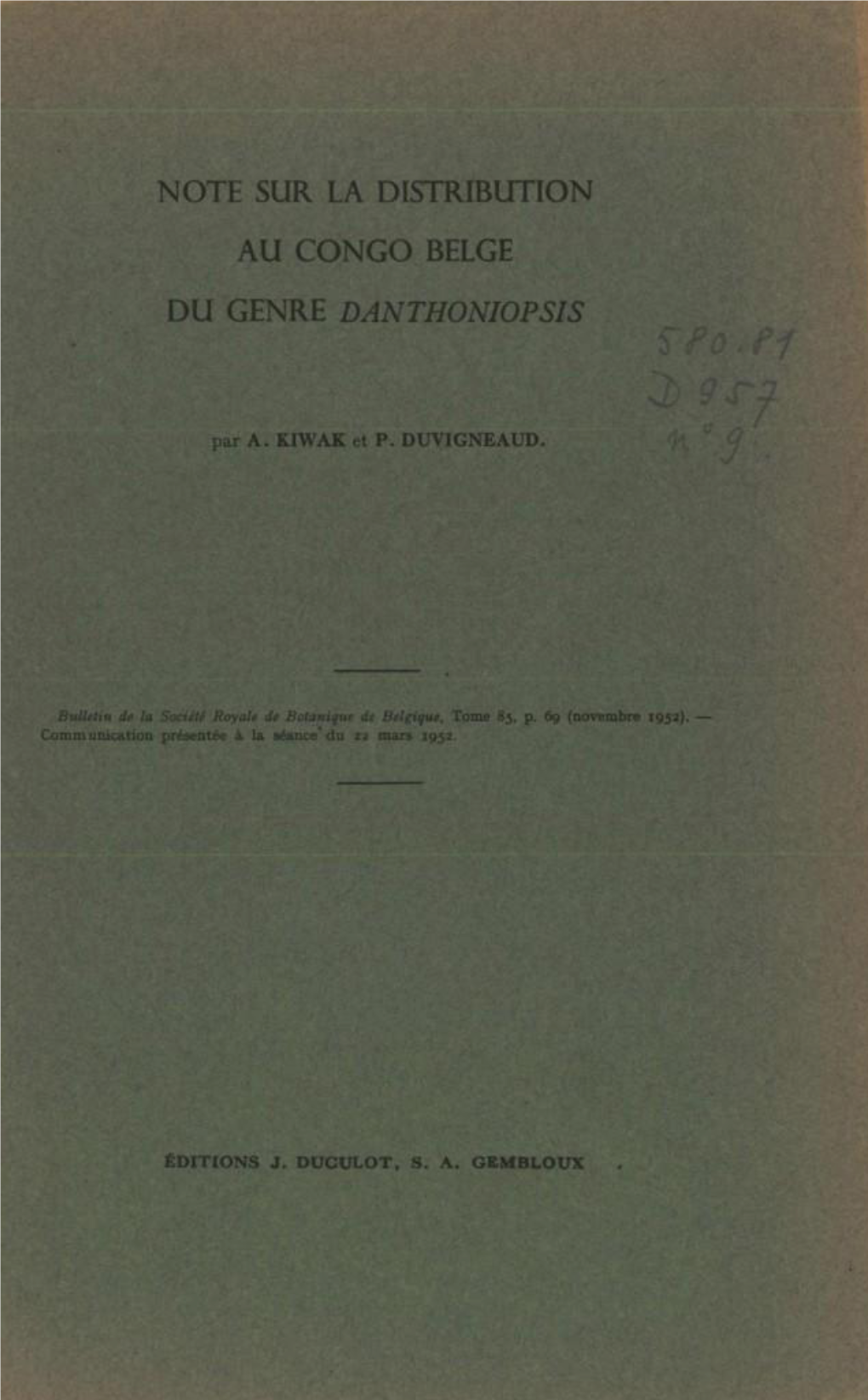 Note Sur La Distribution Au Congo Belge Du Genre Danthoniopsis