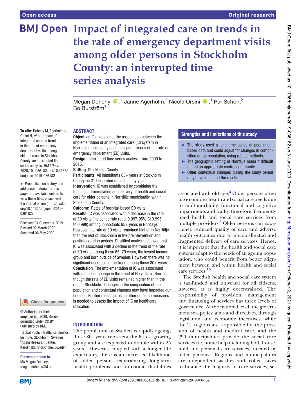 Impact of Integrated Care on Trends in the Rate of Emergency Department Visits Among Older Persons in Stockholm County: an Interrupted Time Series Analysis