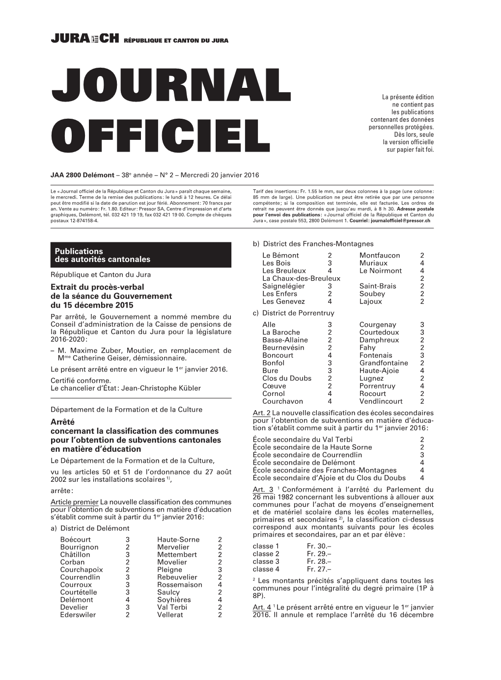 Journal Officiel De La République Et Canton Du Jura » Paraît Chaque Semaine, Tarif Des Insertions : Fr