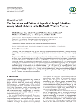 Research Article the Prevalence and Pattern of Superficial Fungal Infections Among School Children in Ile-Ife, South-Western Nigeria