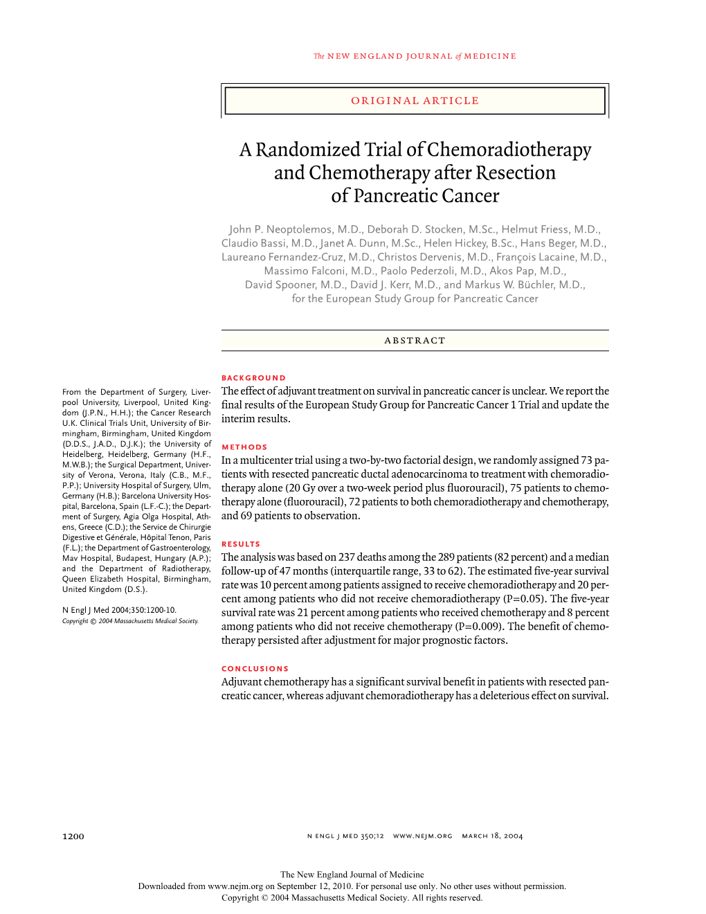 A Randomized Trial of Chemoradiotherapy and Chemotherapy After Resection of Pancreatic Cancer