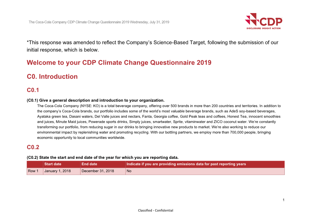 Welcome to Your CDP Climate Change Questionnaire 2019