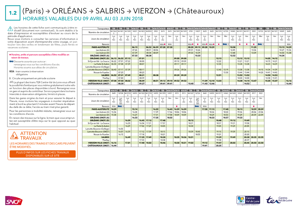 (Paris) ORLÉANS SALBRIS VIERZON (Châteauroux) HORAIRES VALABLES DU 09 AVRIL AU 03 JUIN 2018