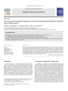 Assessing and Managing Lung Disease and Sleep Disordered Breathing in Children with Cerebral Palsy Paediatric Respiratory Review