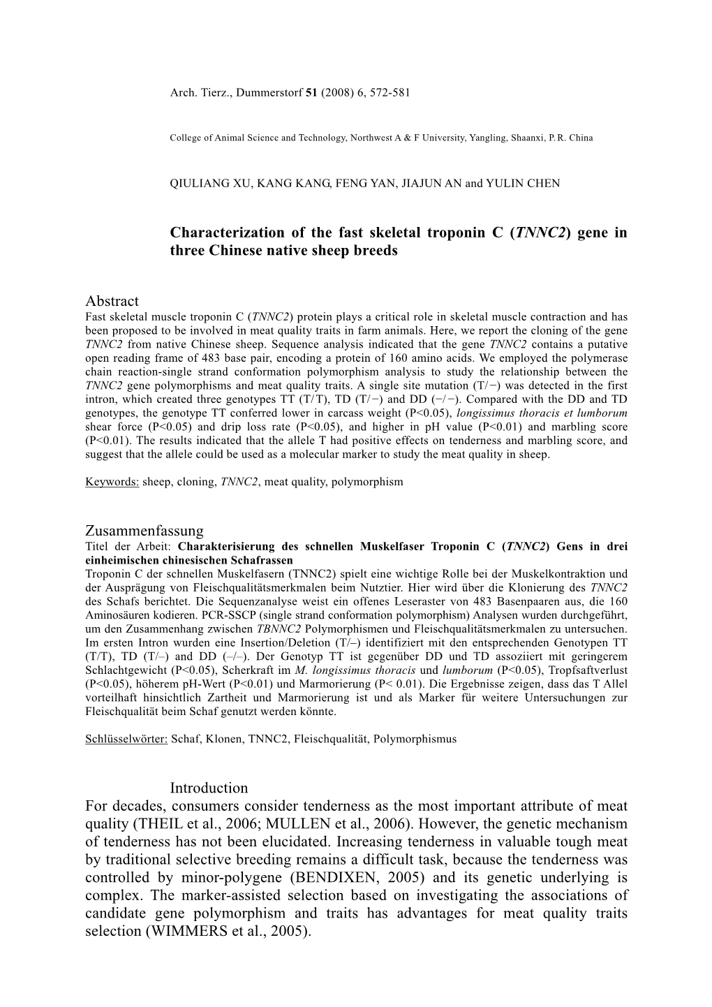 Characterization of the Fast Skeletal Troponin C (TNNC2) Gene in Three Chinese Native Sheep Breeds