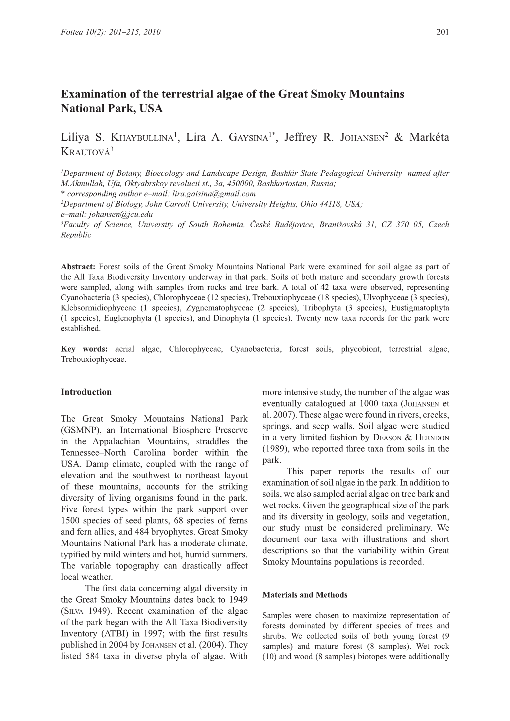 Examination of the Terrestrial Algae of the Great Smoky Mountains National Park, USA