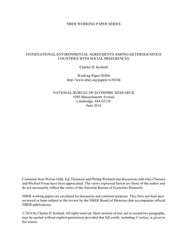 NBER WORKING PAPER SERIES INTERNATIONAL ENVIRONMENTAL AGREEMENTS AMONG HETEROGENEOUS COUNTRIES with SOCIAL PREFERENCES Charles D