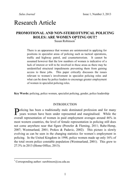PROMOTIONAL and NON-STEREOTYPICAL POLICING ROLES: ARE WOMEN OPTING OUT? Susan Robinson*