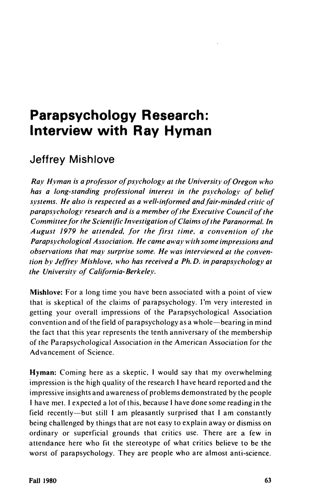 Parapsychology Research: Interview with Ray Hyman