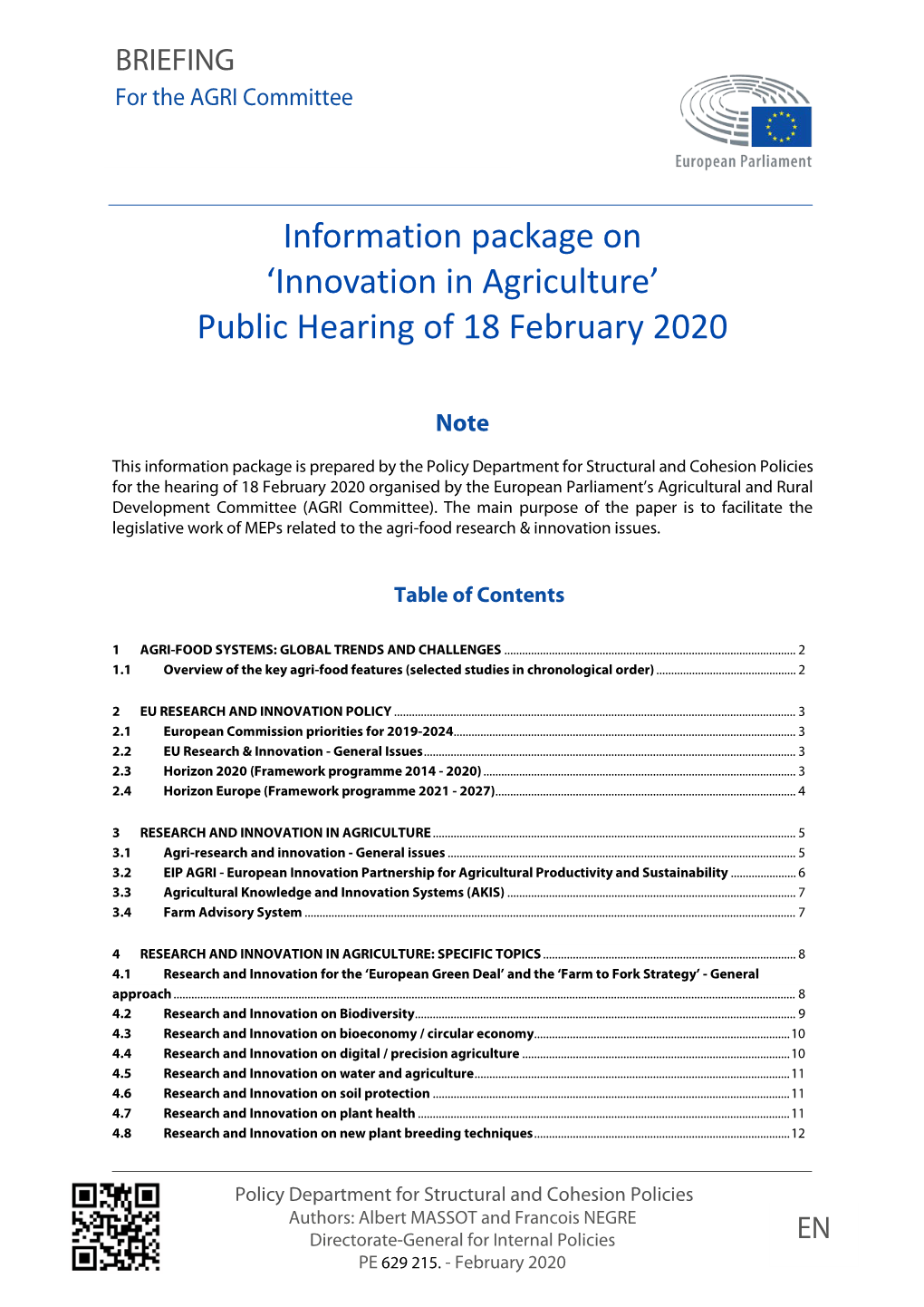 "Innovation in Agriculture" Public Hearing of 18 February 2020