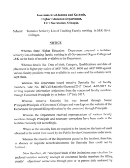 Tentative Seniority List of Teaching Faculty Working in J&K Govt