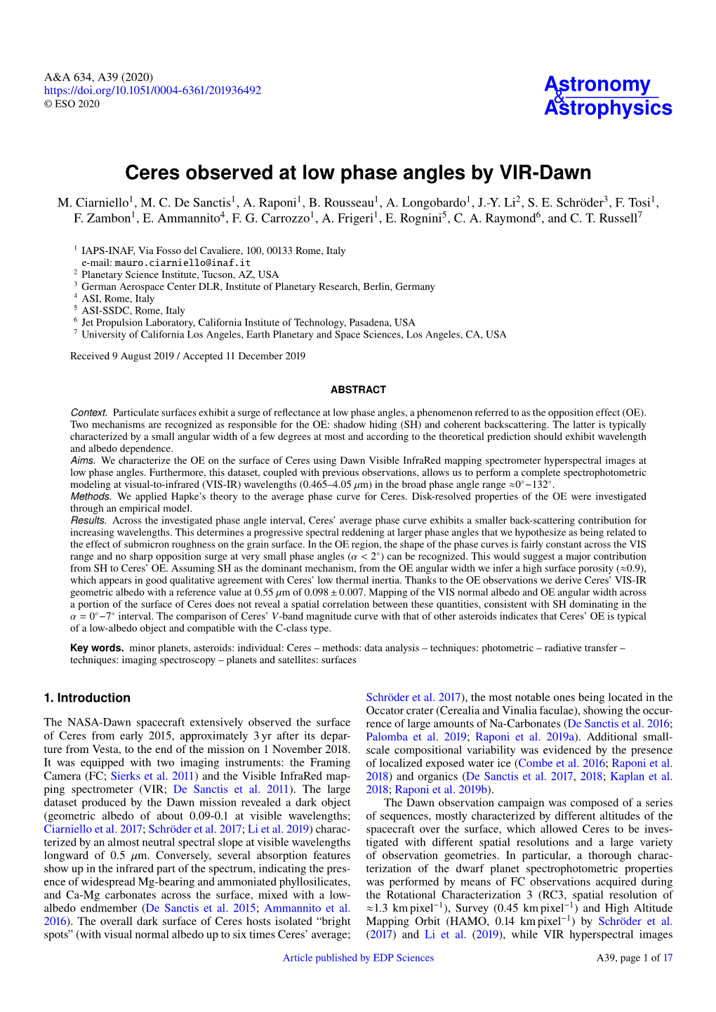 Ceres Observed at Low Phase Angles by VIR-Dawn M