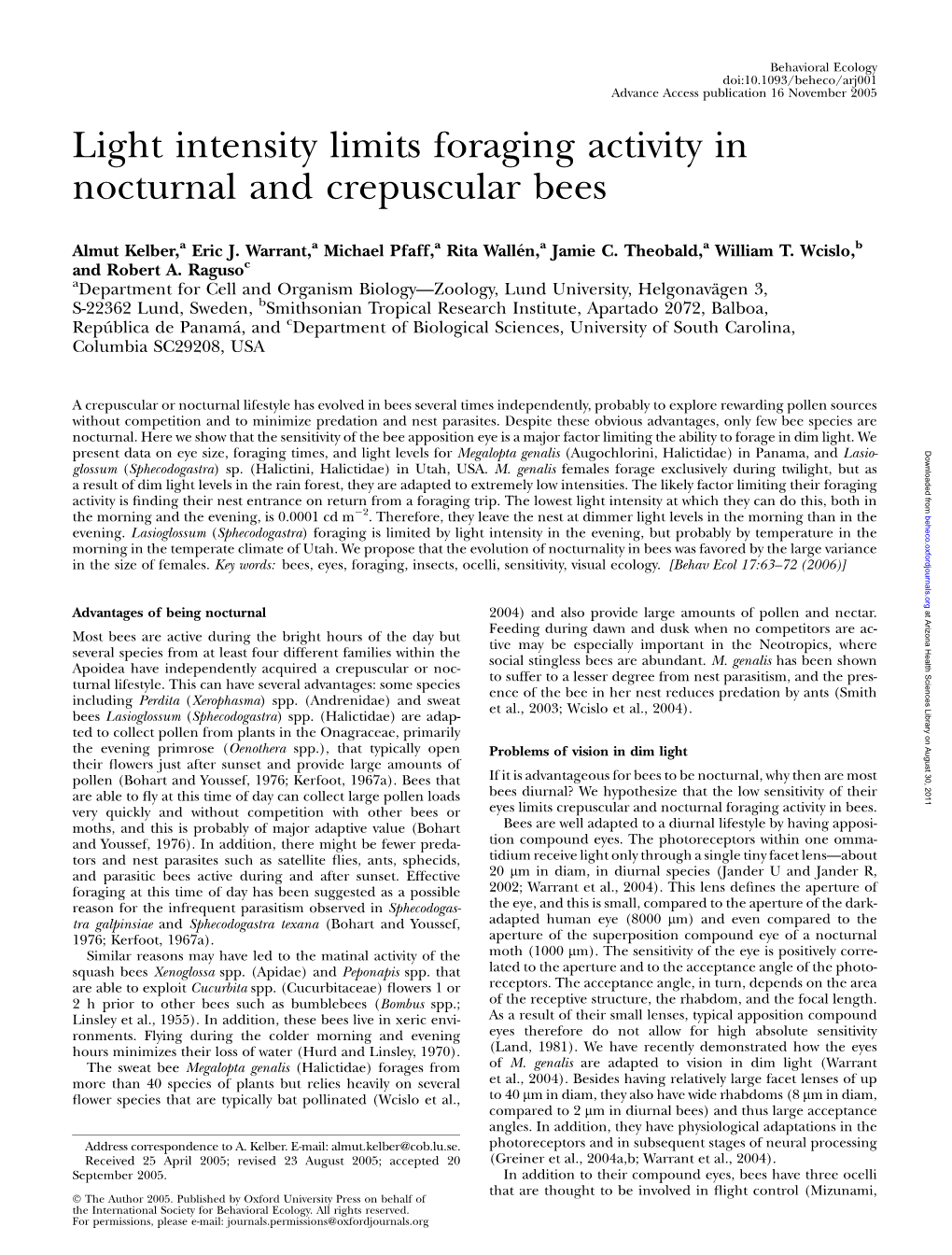 Light Intensity Limits Foraging Activity in Nocturnal and Crepuscular Bees