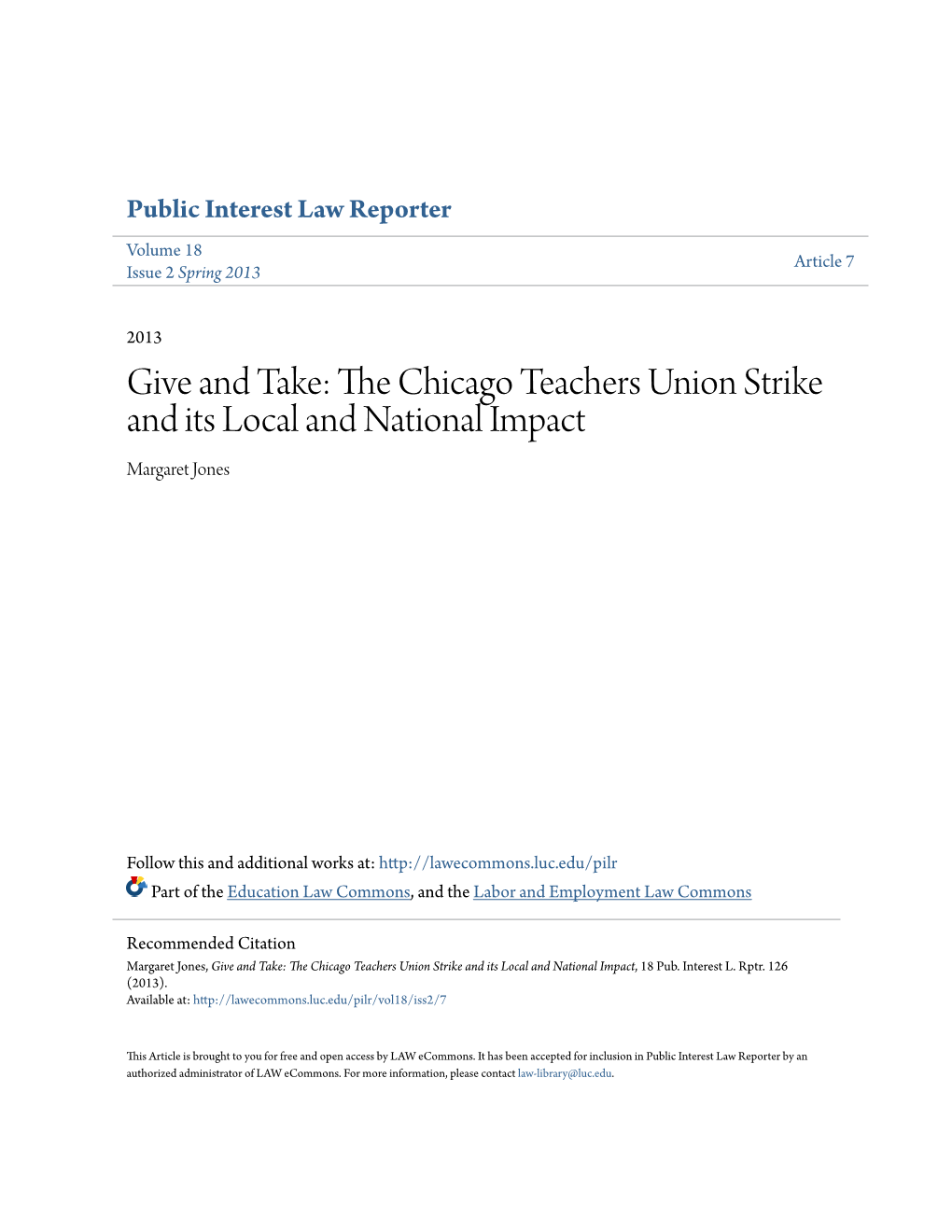 The Chicago Teachers Union Strike and Its Local and National Impact, 18 Pub