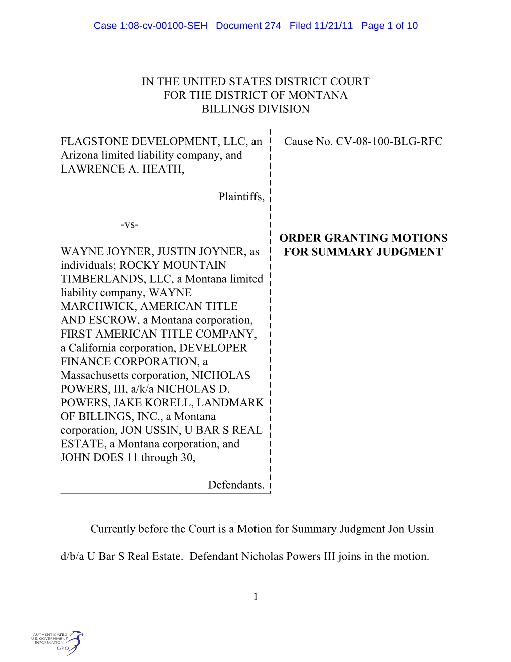 Case 1:08-Cv-00100-SEH Document 274 Filed 11/21/11 Page 1 of 10