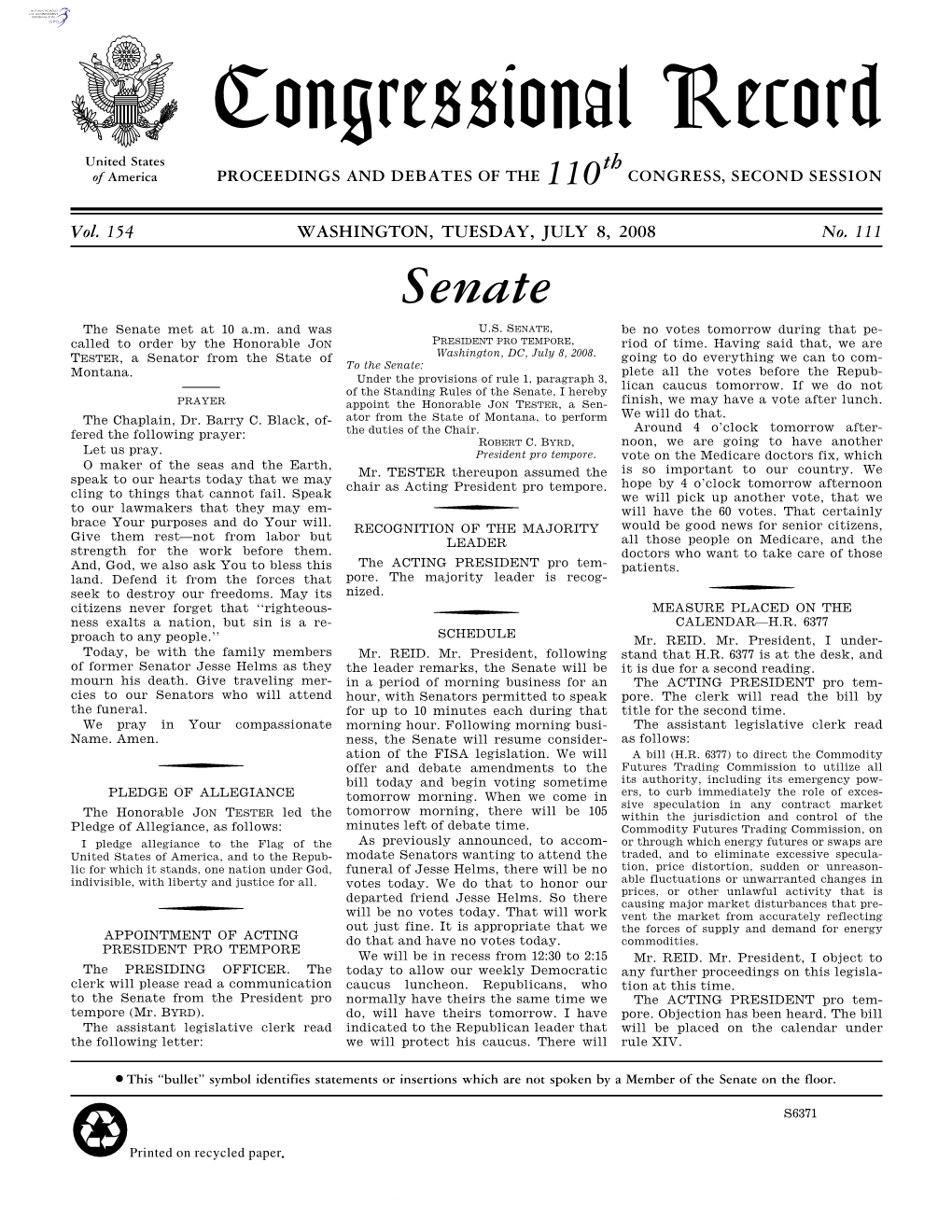 Congressional Record United States Th of America PROCEEDINGS and DEBATES of the 110 CONGRESS, SECOND SESSION