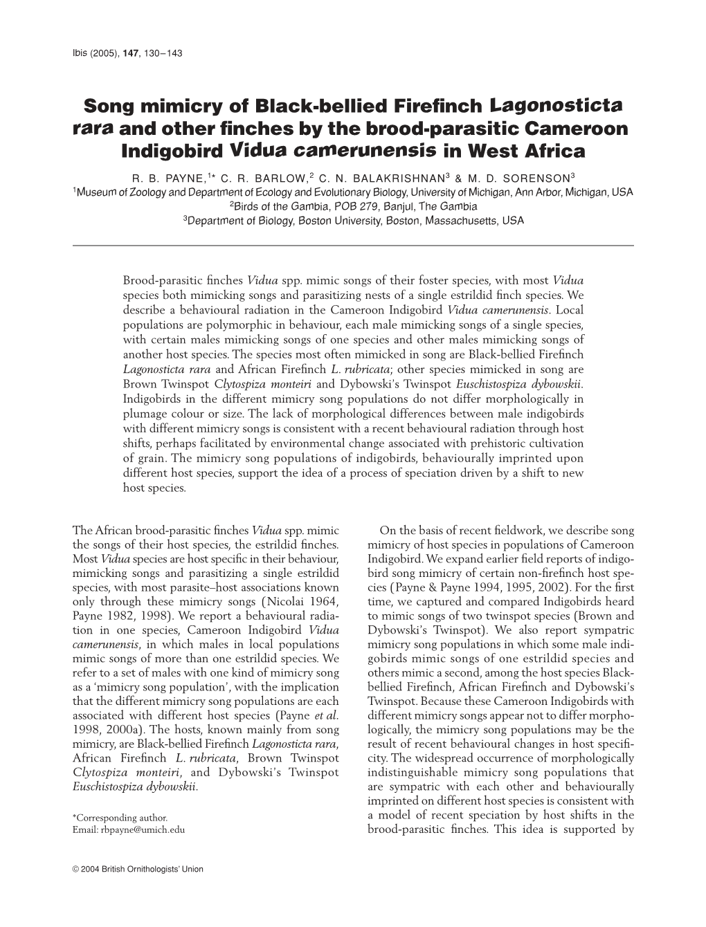 Song Mimicry of Black-Bellied Firefinch Lagonosticta Rara and Other Finches by the Brood-Parasitic Cameroon Indigobird Vidua