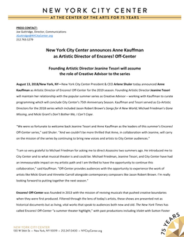 New York City Center Announces Anne Kauffman As Artistic Director of Encores! Off‐Center
