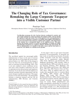 The Changing Role of Tax Governance: Remaking the Large Corporate Taxpayer Into a Visible Customer Partner