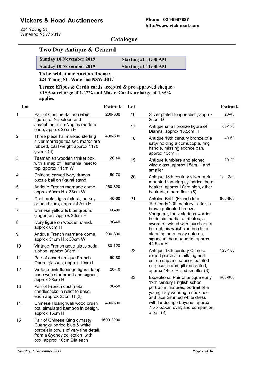 Catalogue Two Day Antique & General Vickers & Hoad Auctioneers