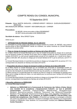 COMPTE RENDU DU CONSEIL MUNICIPAL 15 Septembre 2015
