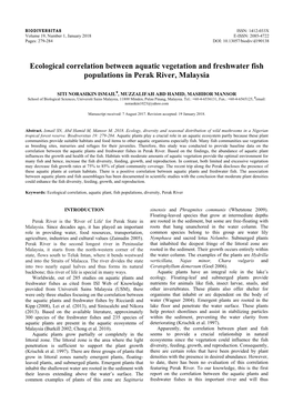 Ecological Correlation Between Aquatic Vegetation and Freshwater Fish Populations in Perak River, Malaysia