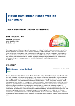 Mount Hamiguitan Range Wildlife Sanctuary - 2020 Conservation Outlook Assessment