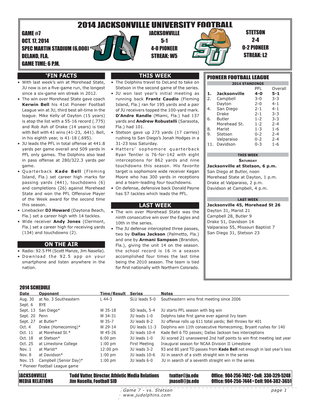 2014 Jacksonville University Football Game #7 Jacksonville Stetson Oct