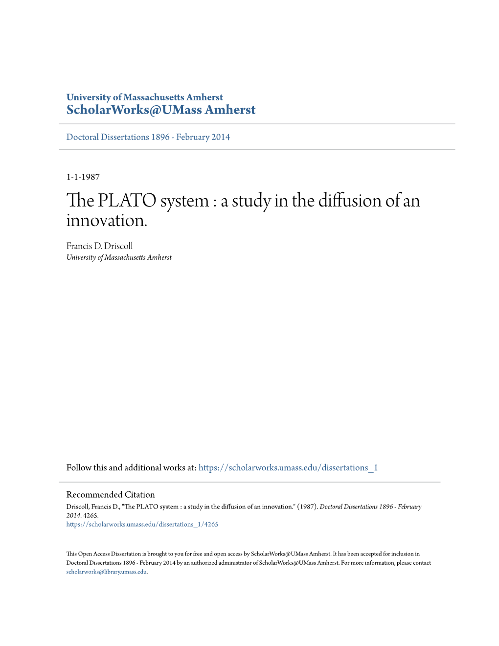 The PLATO System : a Study in the Diffusion of an Innovation