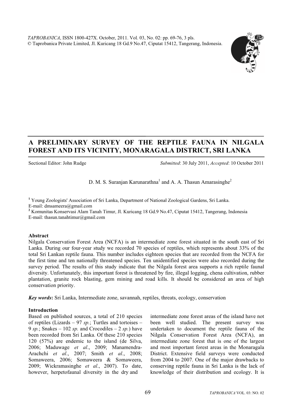 A Preliminary Survey of the Reptile Fauna in Nilgala Forest and Its Vicinity, Monaragala District, Sri Lanka