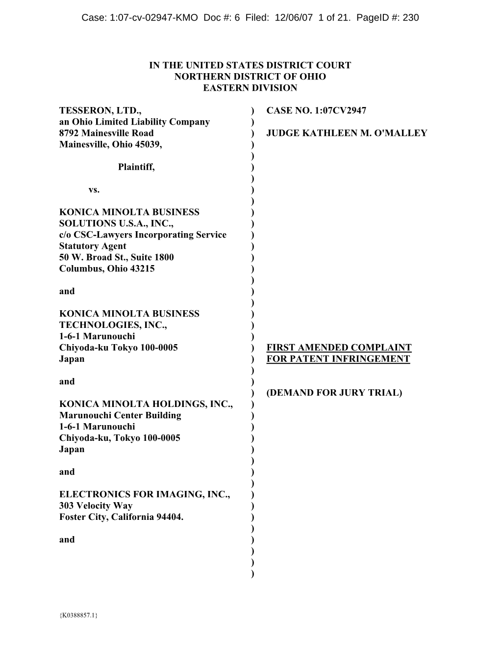 Amended Complaint Adding EFI and Ricoh (K0388470.DOC;1)