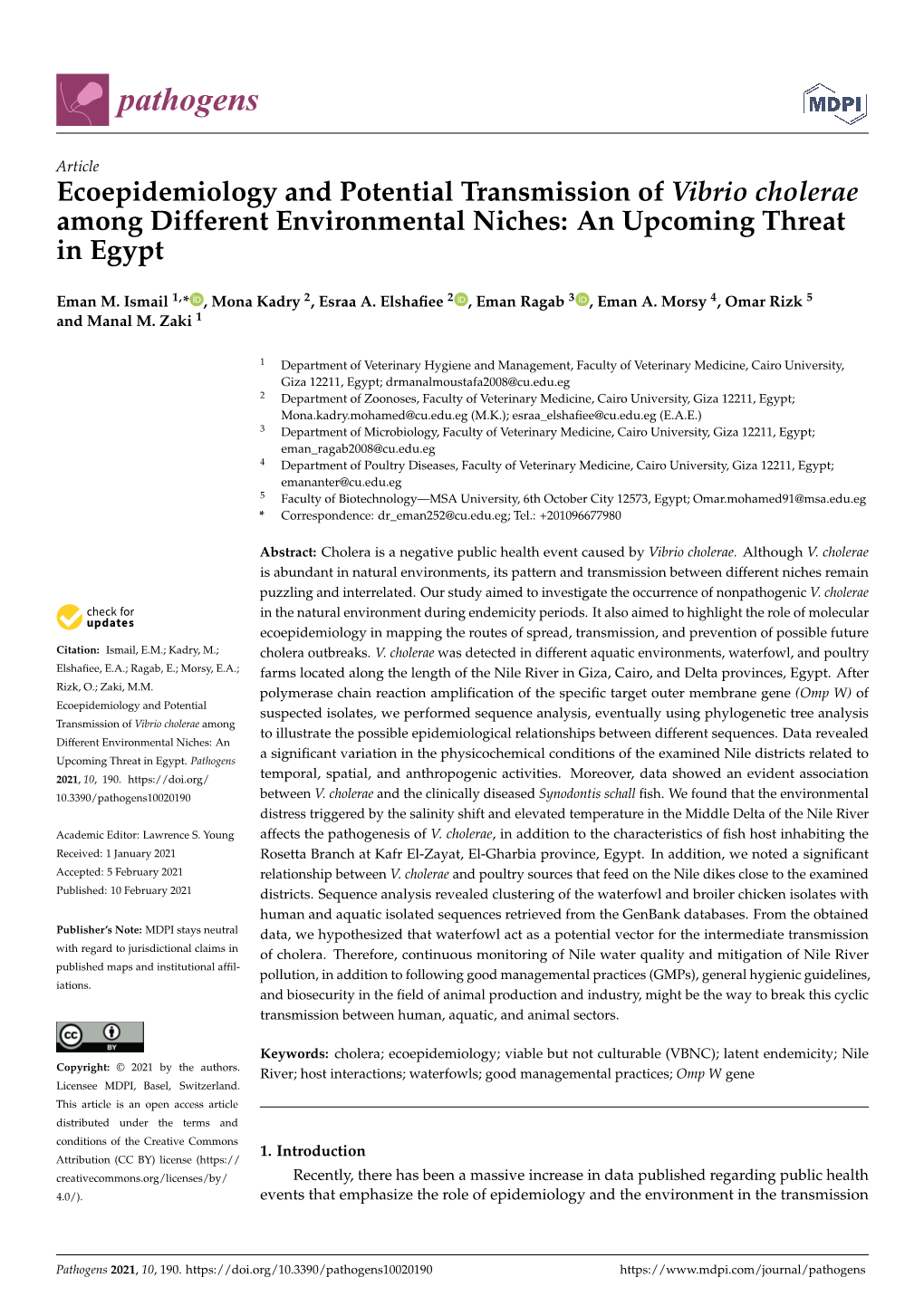 Ecoepidemiology and Potential Transmission of Vibrio Cholerae Among Different Environmental Niches: an Upcoming Threat in Egypt