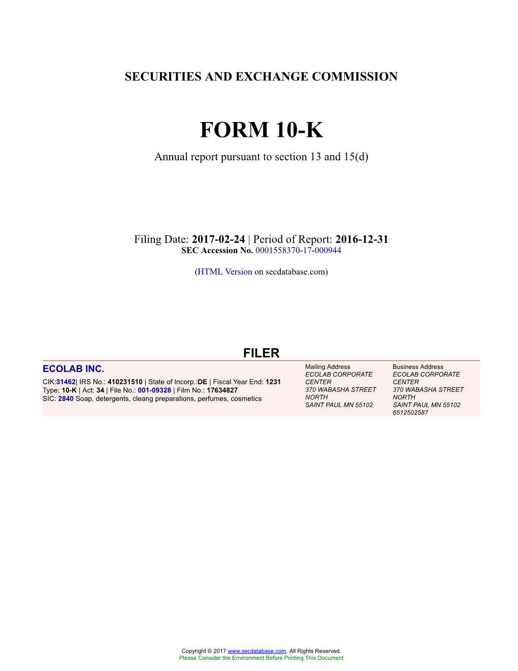 ECOLAB INC. Form 10-K Annual Report Filed 2017-02-24