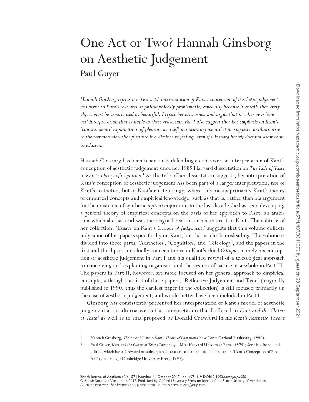 Hannah Ginsborg on Aesthetic Judgement Paul Guyer Downloaded from by Guest on 28 September 2021