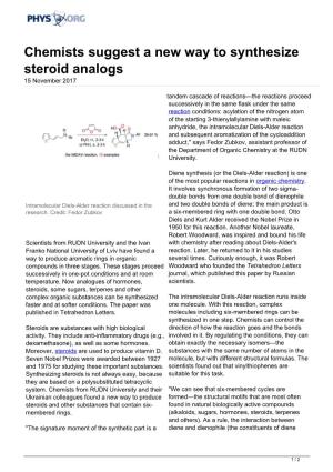 Chemists Suggest a New Way to Synthesize Steroid Analogs 15 November 2017