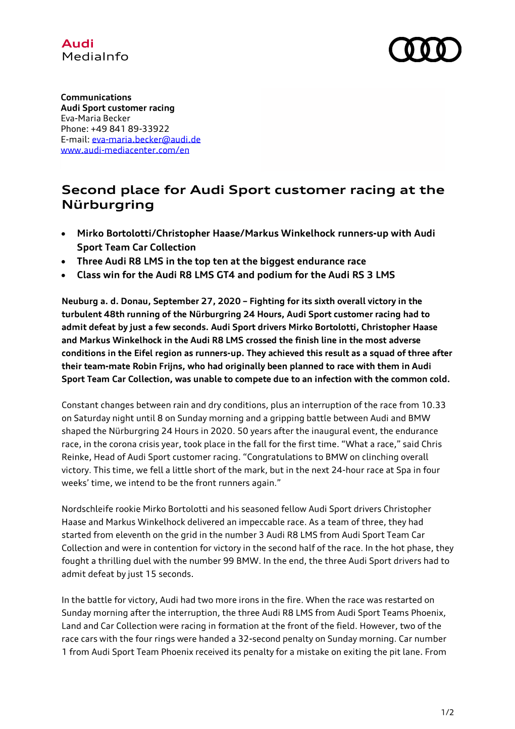 Second Place for Audi Sport Customer Racing at the Nürburgring