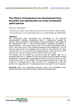 The Effects of Temperature for Development Time, Fecundity and Reproduction on Some Ornamental Aphid Species