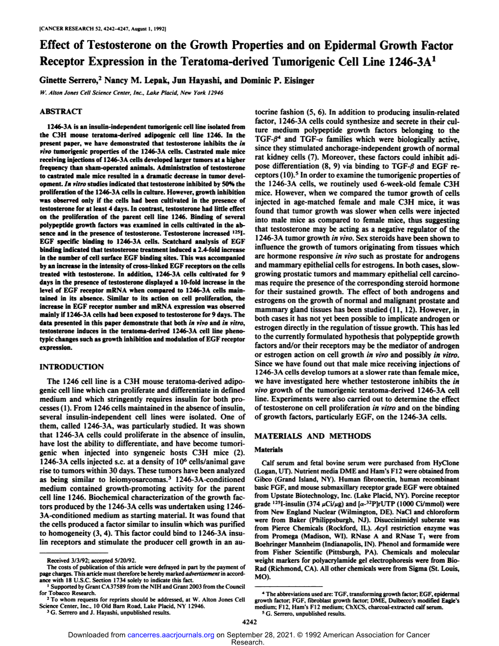 Effect of Testosterone on the Growth Properties and on Epidermal Growth Factor Receptor Expression in the Teratoma-Derived Tumorigenic Cell Line 1246-3A1