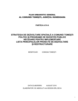 Strategia De Dezvoltare Spațială a Comunei Tomești Politici Și Programe De Investiții Publice Necesare Pentru Implementare